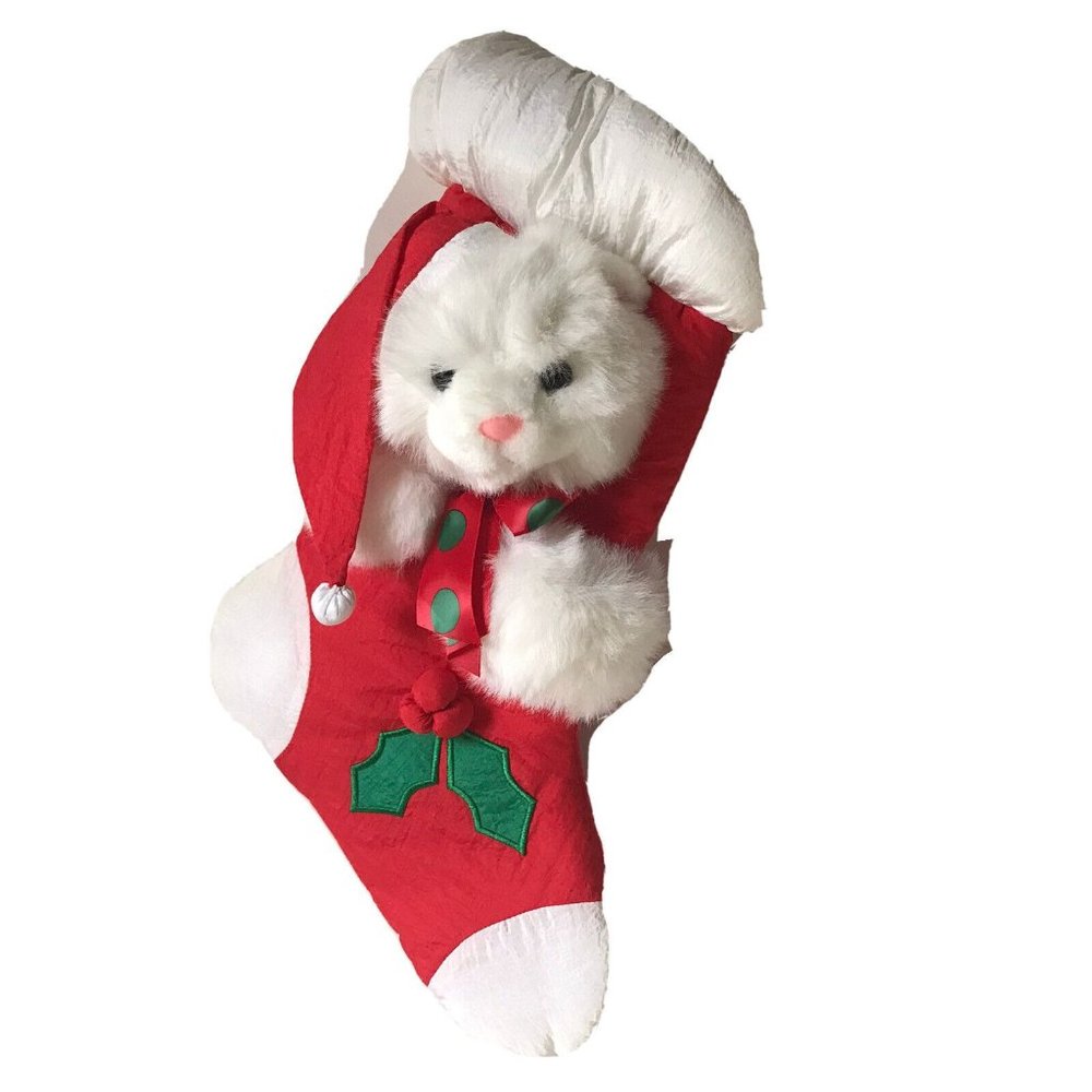 Plush‎ red stocking white cat Christmas kitty Santa hat 17”